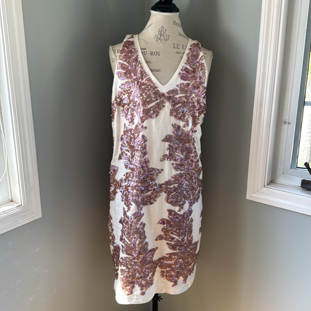 J Crew creamy  linen dress l sequined sleeveless midi EUC size 10 (fits like 8)
